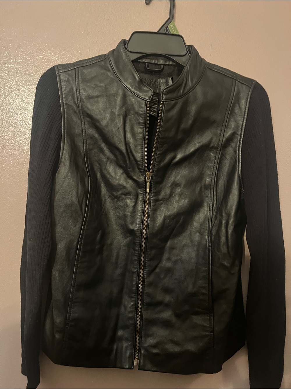 Black Leather Front Jacket with Knit Sleeves - Women Jaclyn Smith Collection